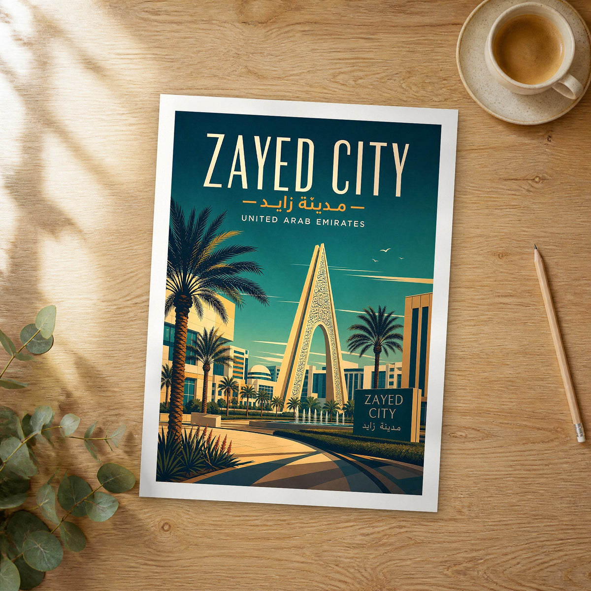 Unframed Zayed City retro travel poster on a wooden table