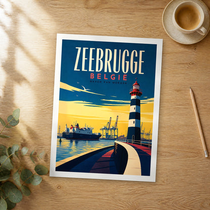 Unframed Zeebrugge retro travel poster on a wooden table