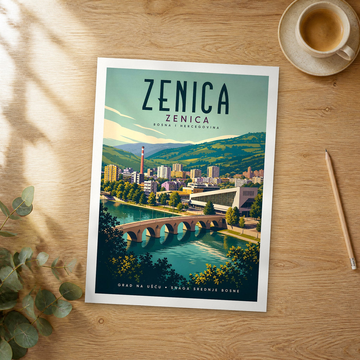 Unframed Zenica retro travel poster on a wooden table