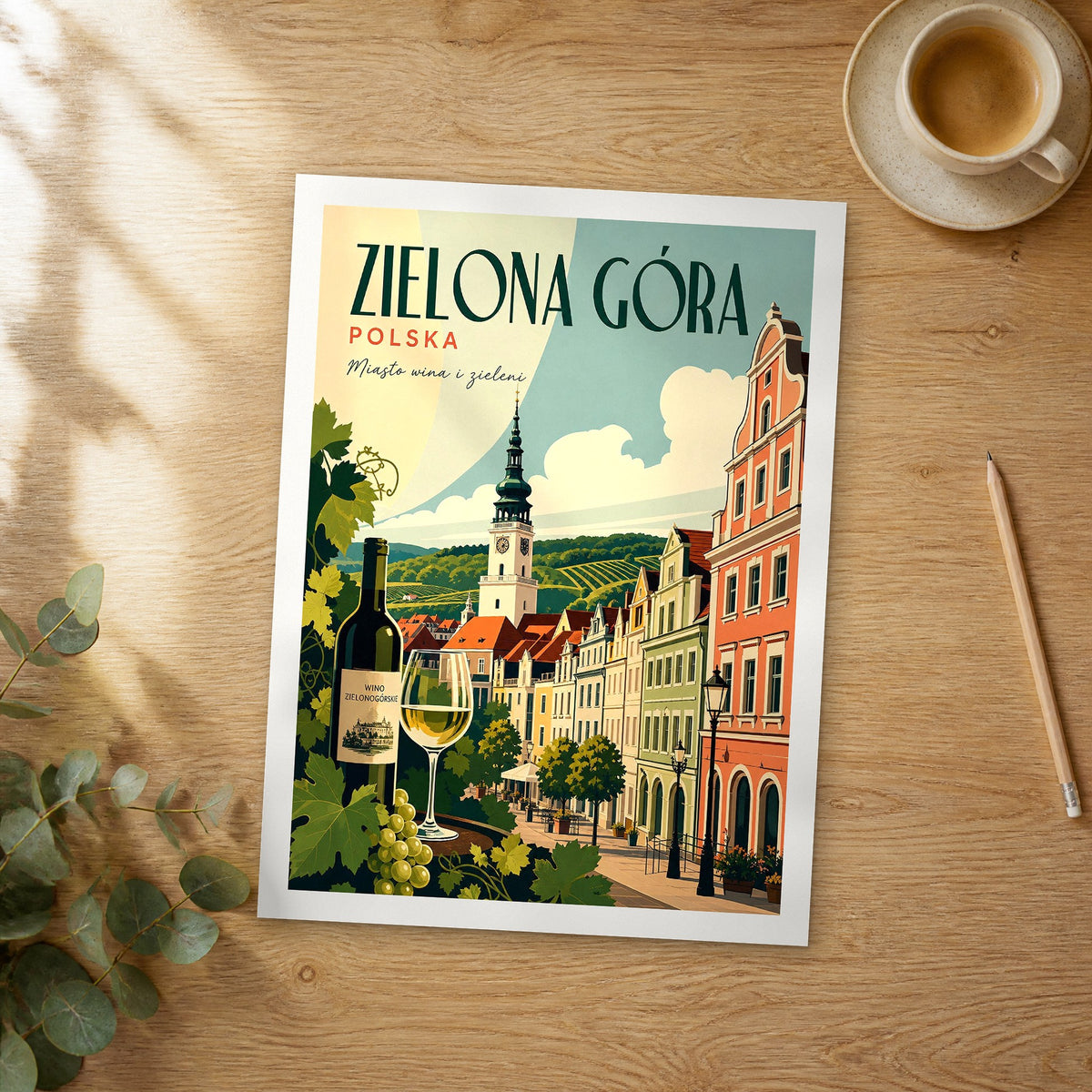Unframed Zielona Góra retro travel poster on a wooden table