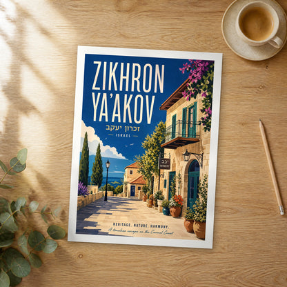 Unframed Zikhron Ya'akov retro travel poster on a wooden table