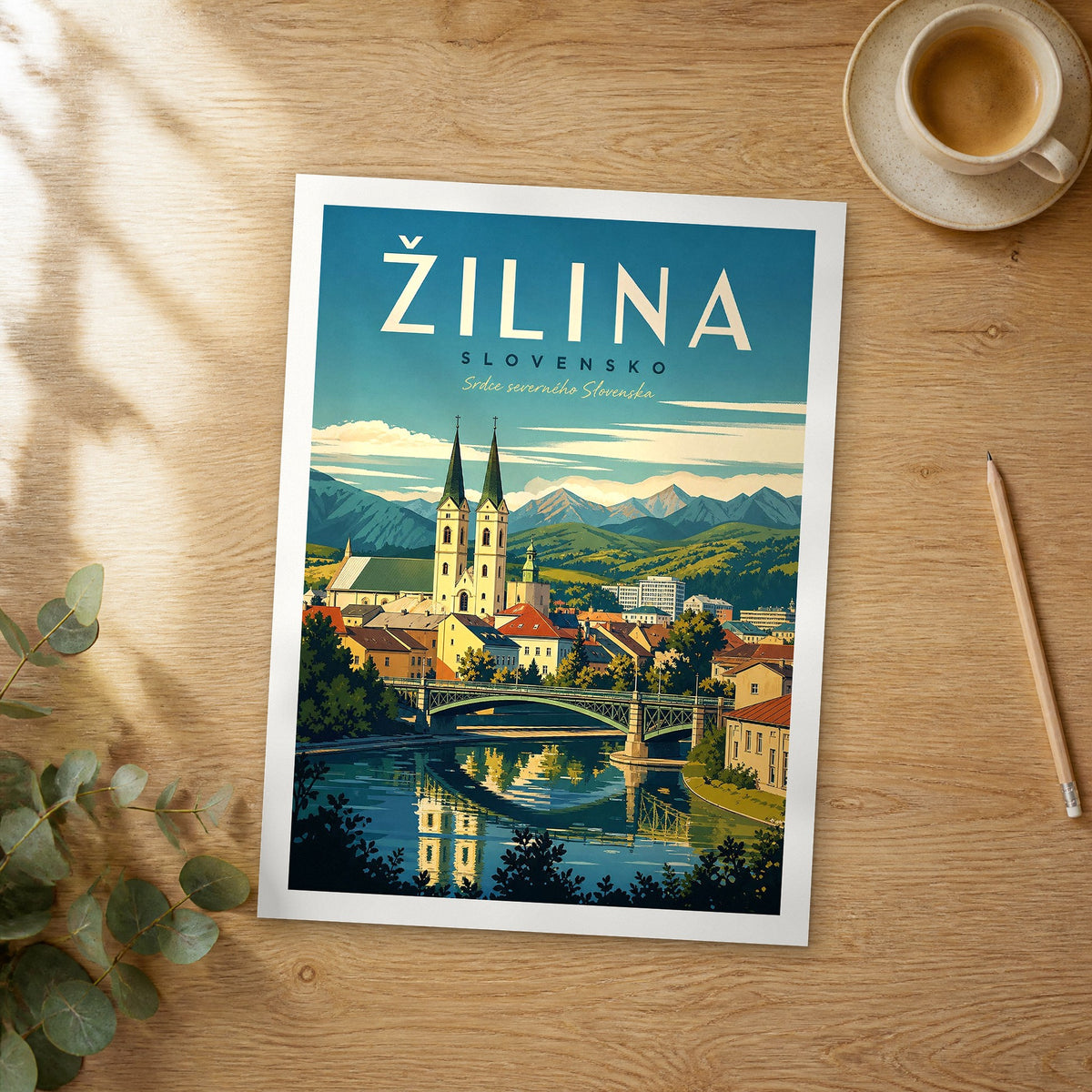 Unframed Žilina retro travel poster on a wooden table
