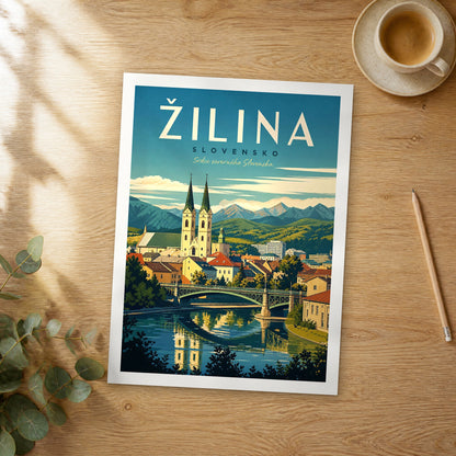 Unframed Žilina retro travel poster on a wooden table