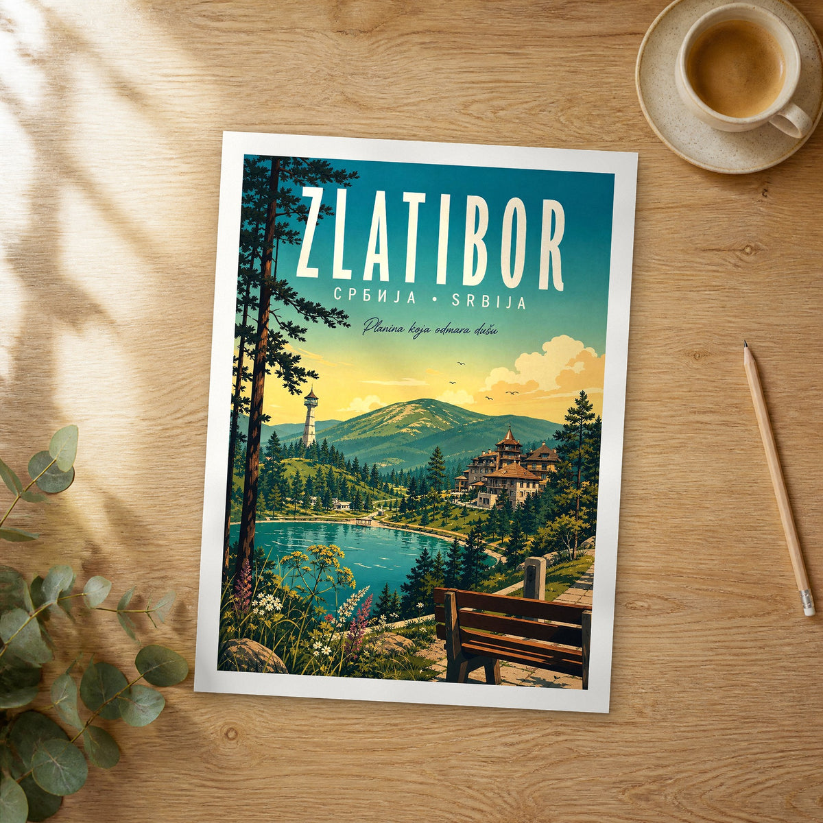 Unframed Zlatibor retro travel poster on a wooden table