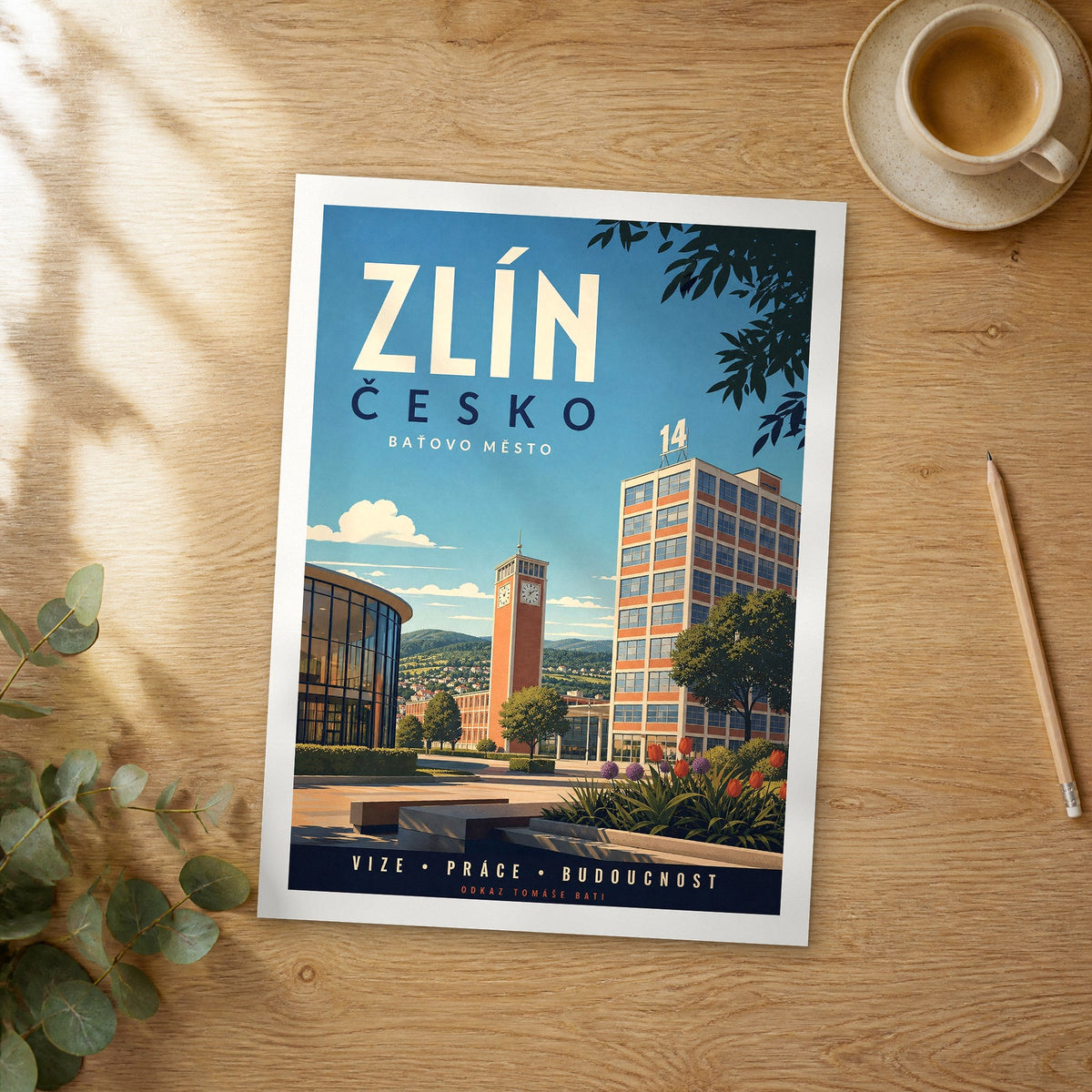 Unframed Zlín retro travel poster on a wooden table