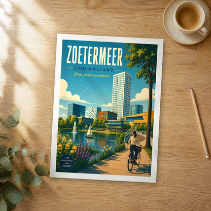 Unframed Zoetermeer retro travel poster on a wooden table