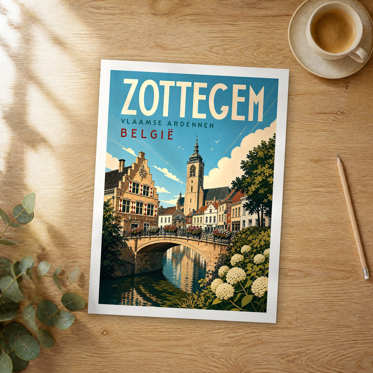 Unframed Zottegem retro travel poster on a wooden table