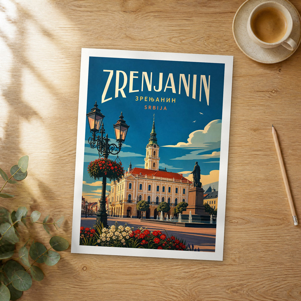 Unframed Zrenjanin retro travel poster on a wooden table