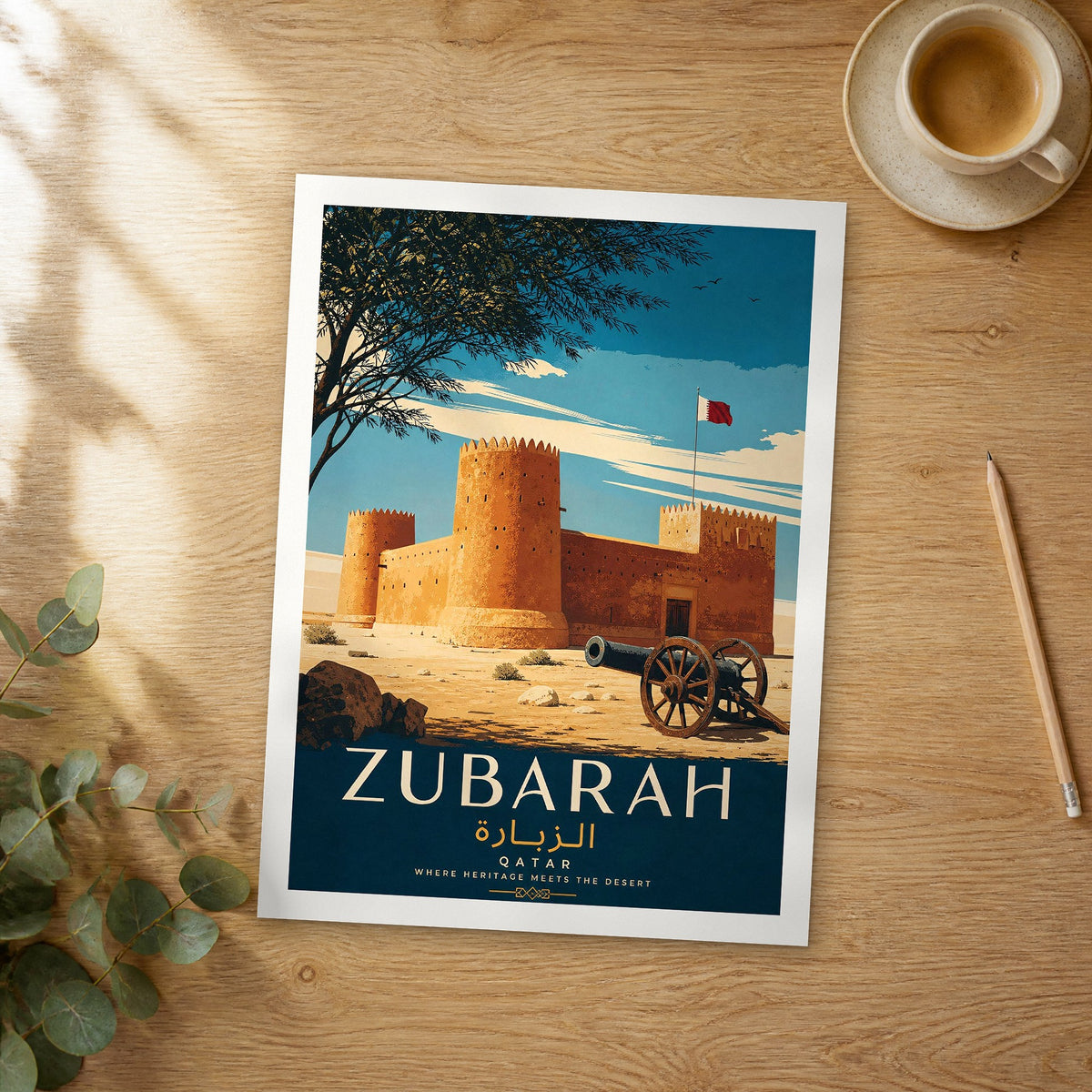 Unframed Zubarah retro travel poster on a wooden table