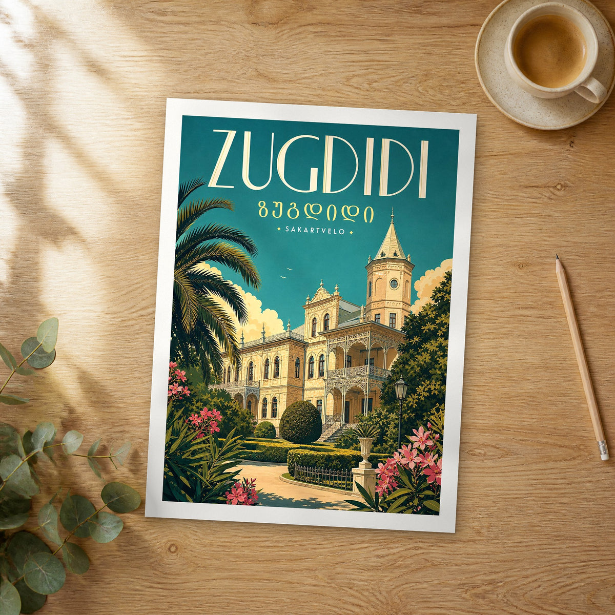 Unframed Zugdidi retro travel poster on a wooden table
