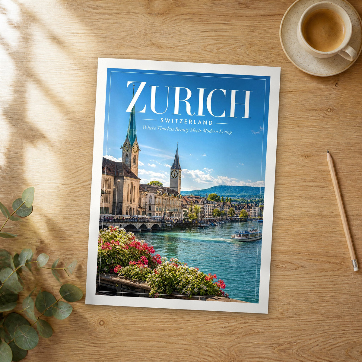 Unframed Zurich editorial travel poster on a wooden table