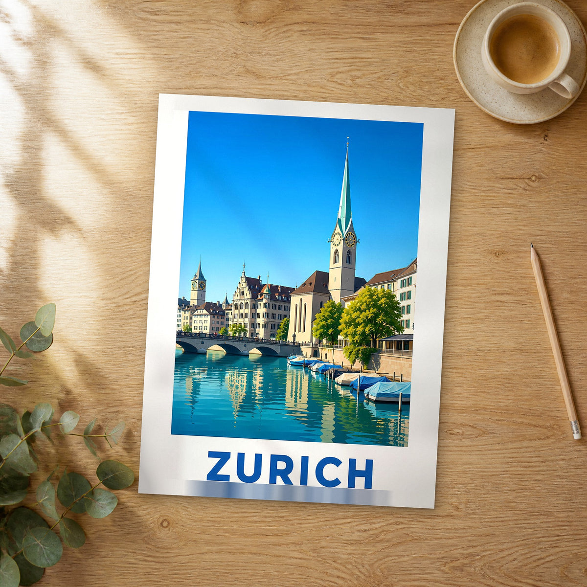 Unframed Zurich modern digital travel poster on a wooden table