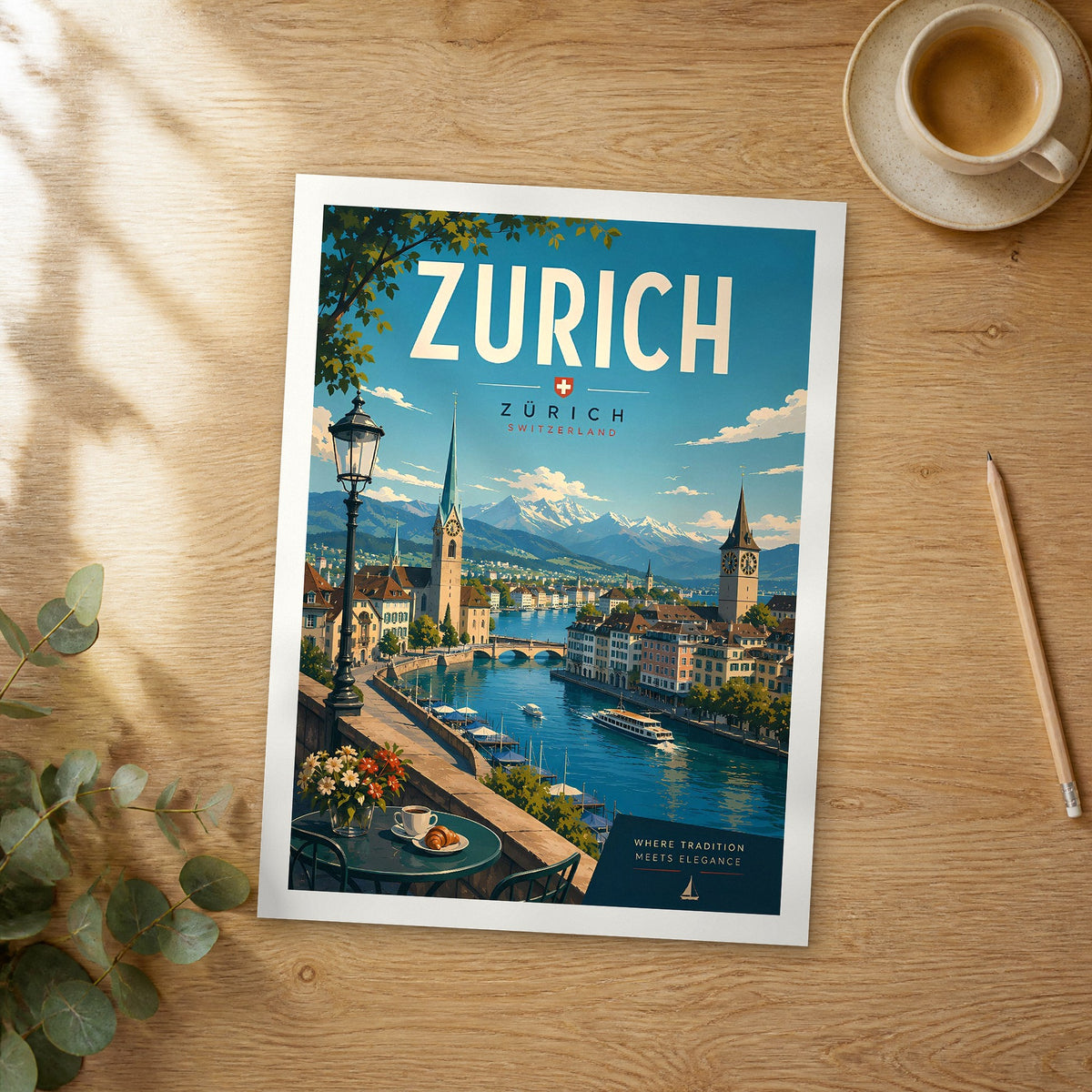Unframed Zurich retro travel poster on a wooden table