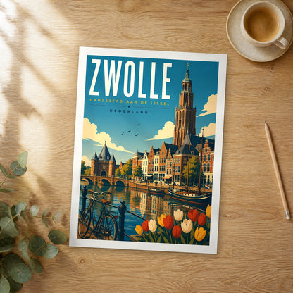 Unframed Zwolle retro travel poster on a wooden table