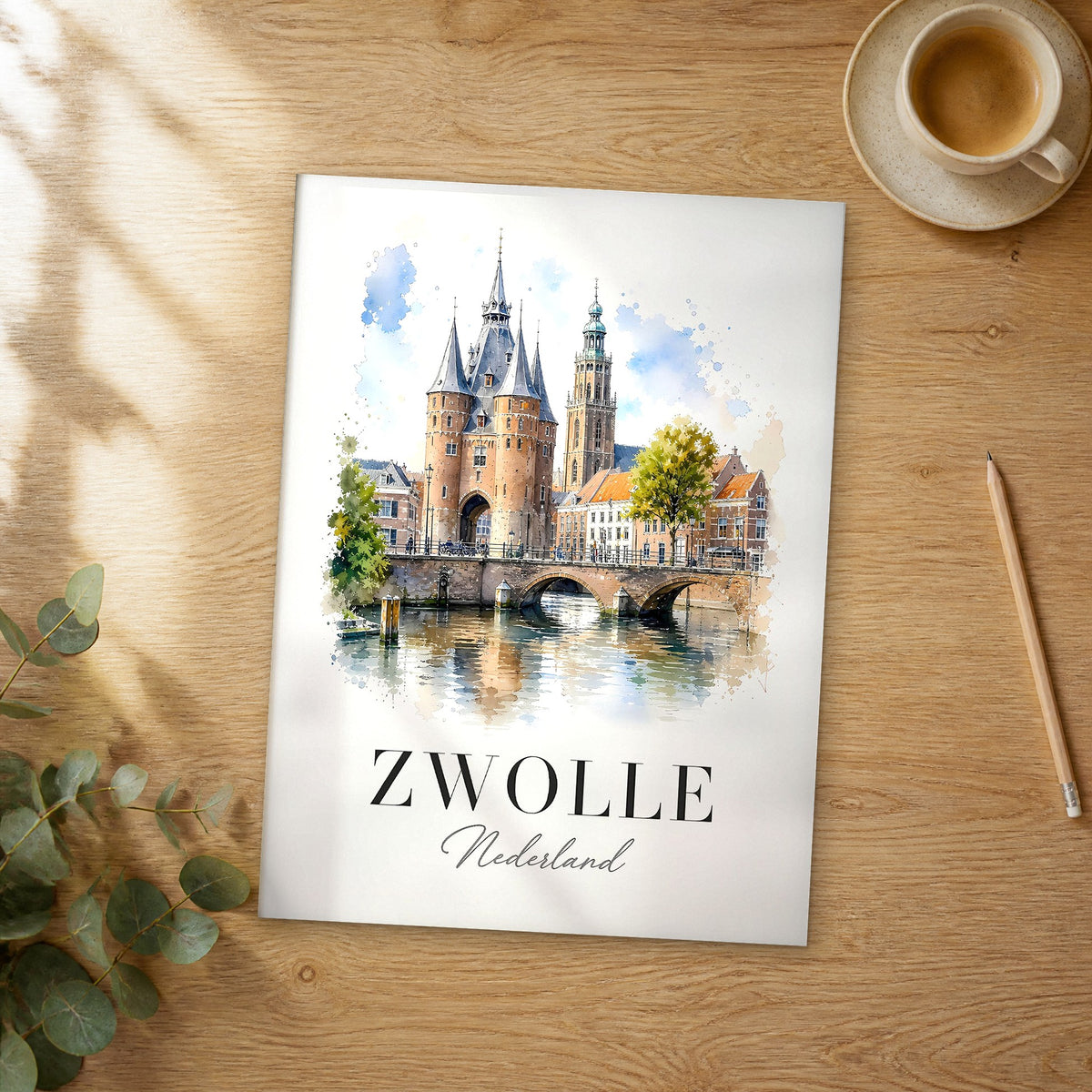 Unframed Zwolle watercolor travel poster on a wooden table