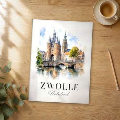 Unframed Zwolle watercolor travel poster on a wooden table
